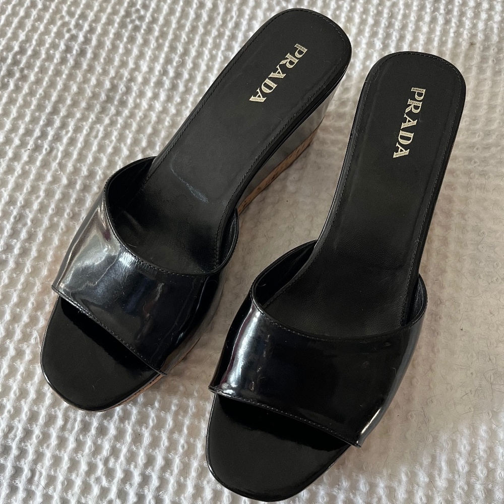 Prada Black Patent Leather Wedges Like New